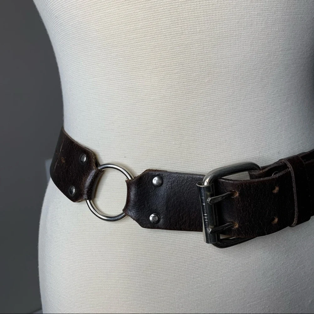 Hipwear Dark Brown Distressed Belt Starburst Cut Outs & Silver Buckle & Rings